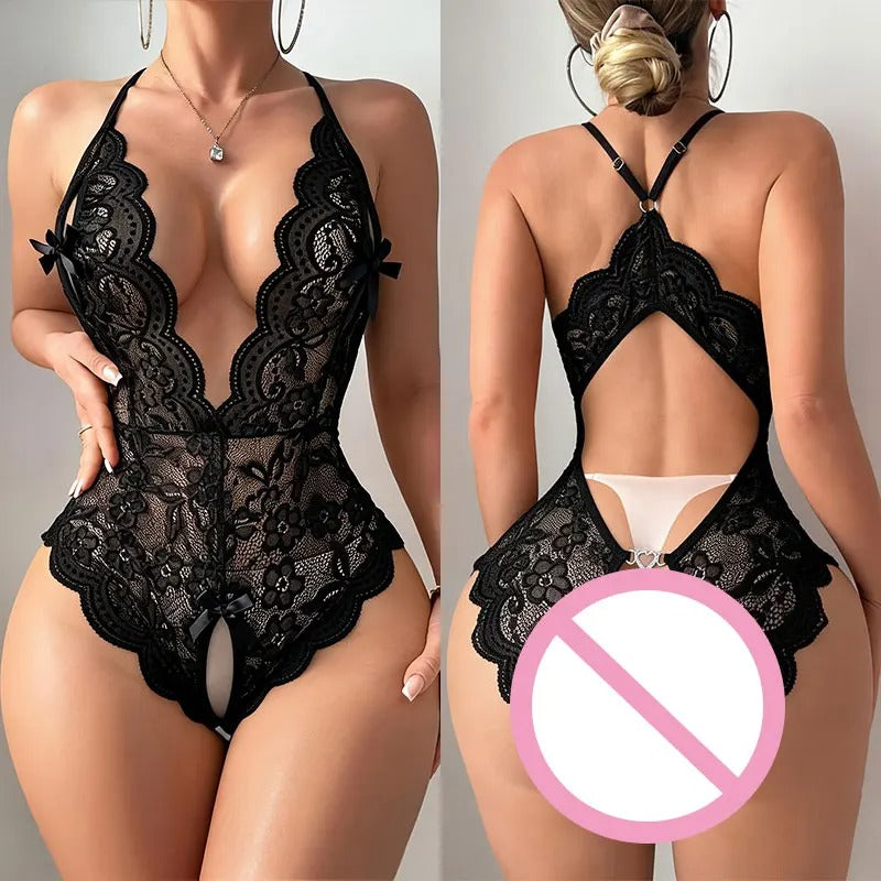 VelvetGlam⢠Satin Ribbon Bow & Scalloped Lace Bodysuit