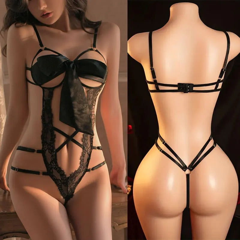 VelvetGlam⢠Satin Ribbon Bow & Scalloped Lace Bodysuit