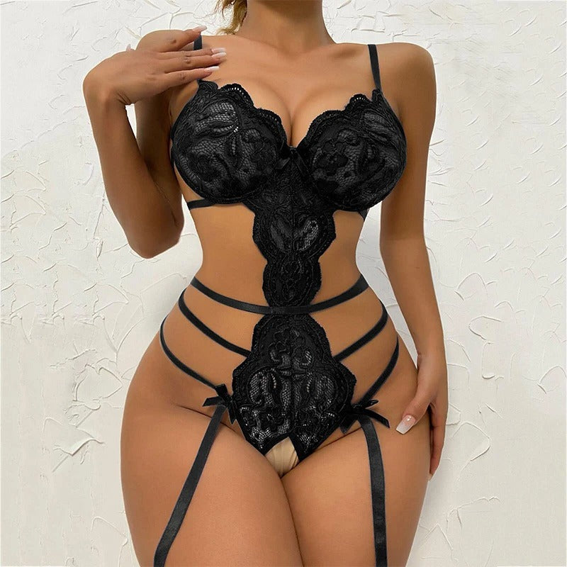 VelvetGlam™ Satin Ribbon Bow &amp; Scalloped Lace Bodysuit