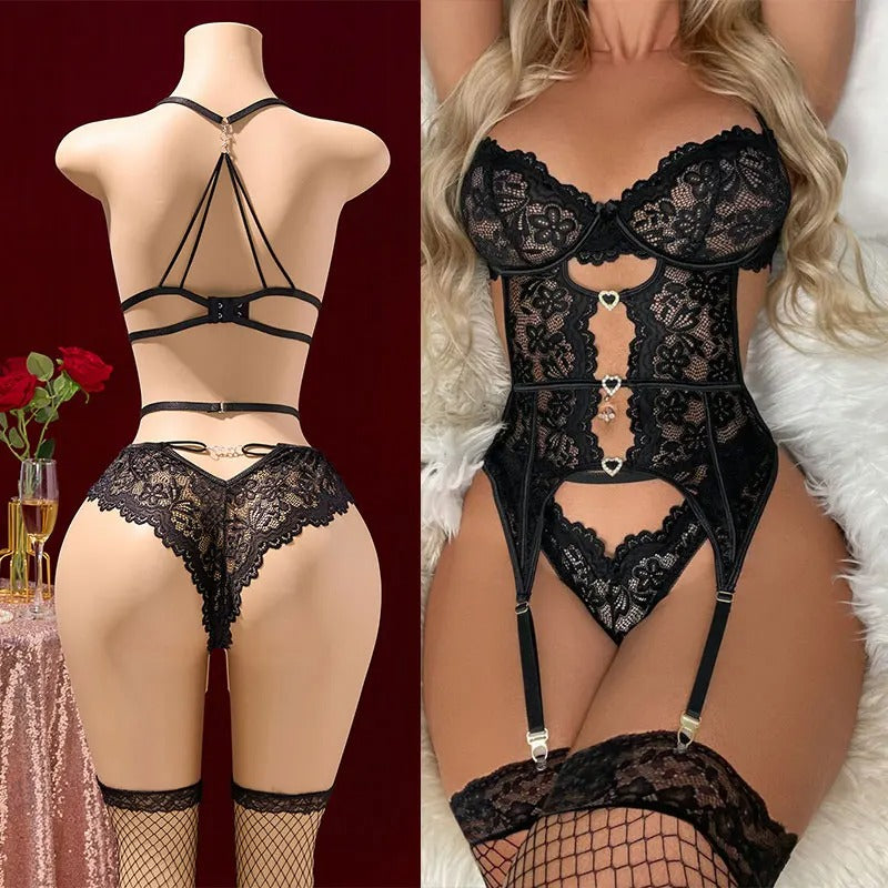 VelvetGlam™ Satin Ribbon Bow &amp; Scalloped Lace Bodysuit