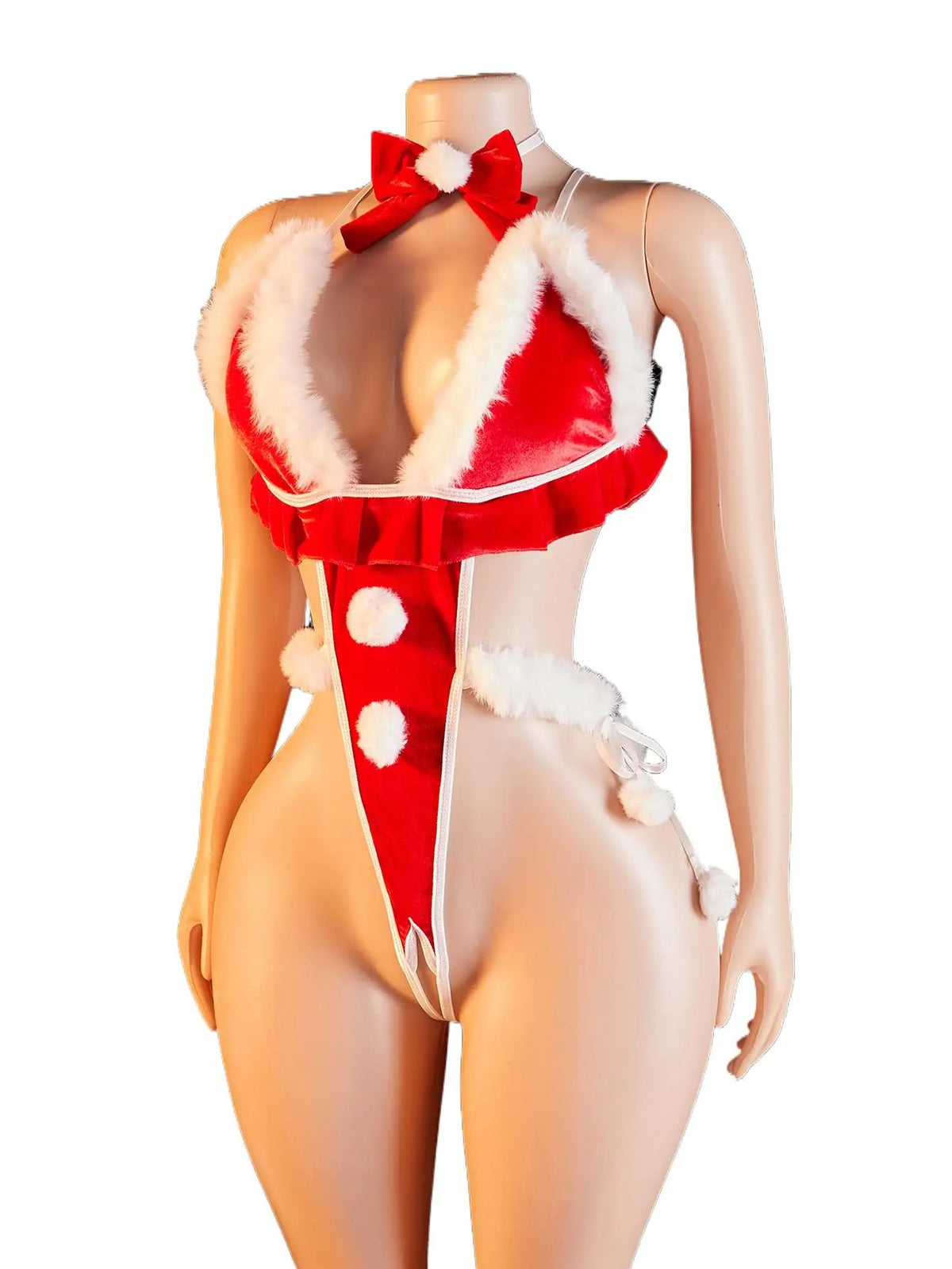 VelvetGlam™ Festive Fur-Trim Halter Teddy Bodysuit Set