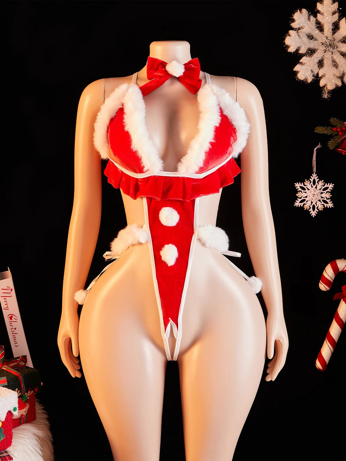 VelvetGlam™ Festive Fur-Trim Halter Teddy Bodysuit Set