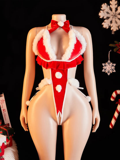 VelvetGlam™ Festive Fur-Trim Halter Teddy Bodysuit Set