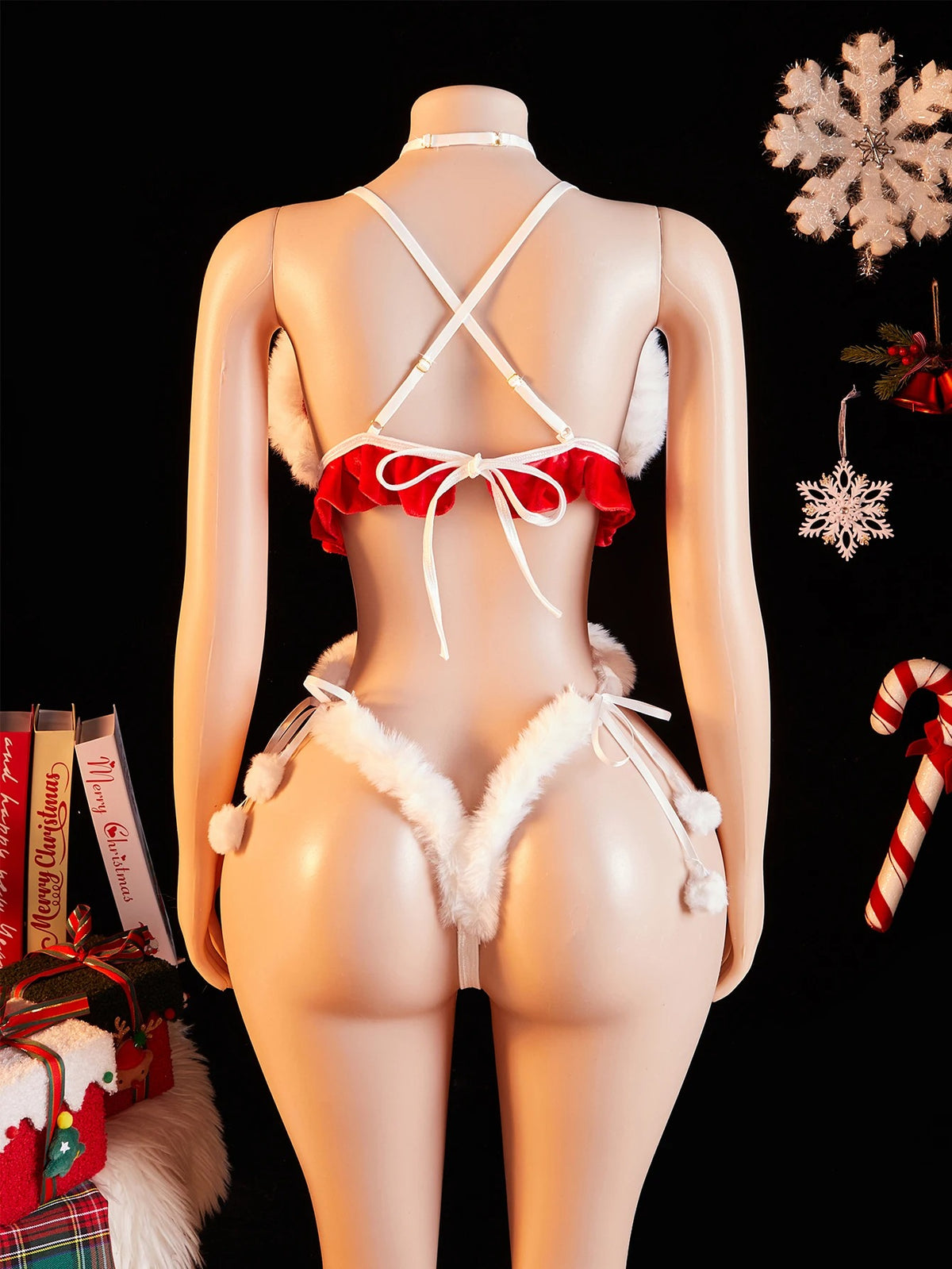 VelvetGlam™ Festive Fur-Trim Halter Teddy Bodysuit Set