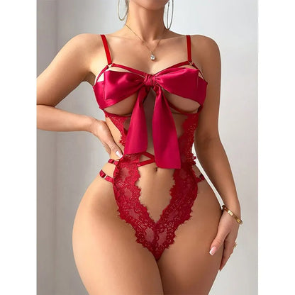 VelvetGlam™ Satin Ribbon Bow &amp; Scalloped Lace Bodysuit