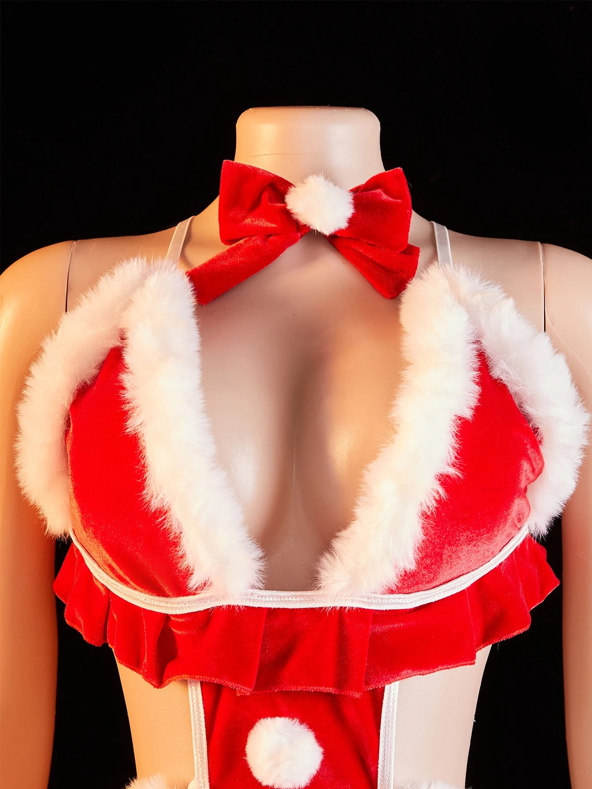 VelvetGlam™ Festive Fur-Trim Halter Teddy Bodysuit Set