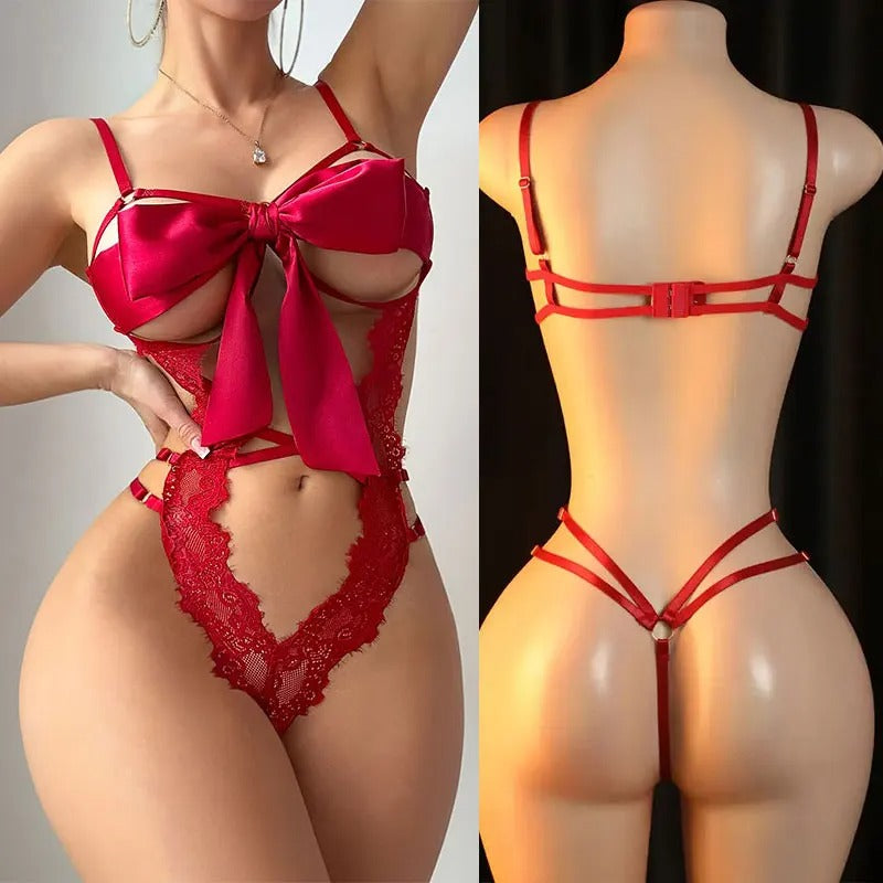VelvetGlam™ Satin Ribbon Bow &amp; Scalloped Lace Bodysuit